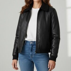 St. John Jacket Women Small Black Aviator Bomber Vegan‎ Leather Sherpa Quilted